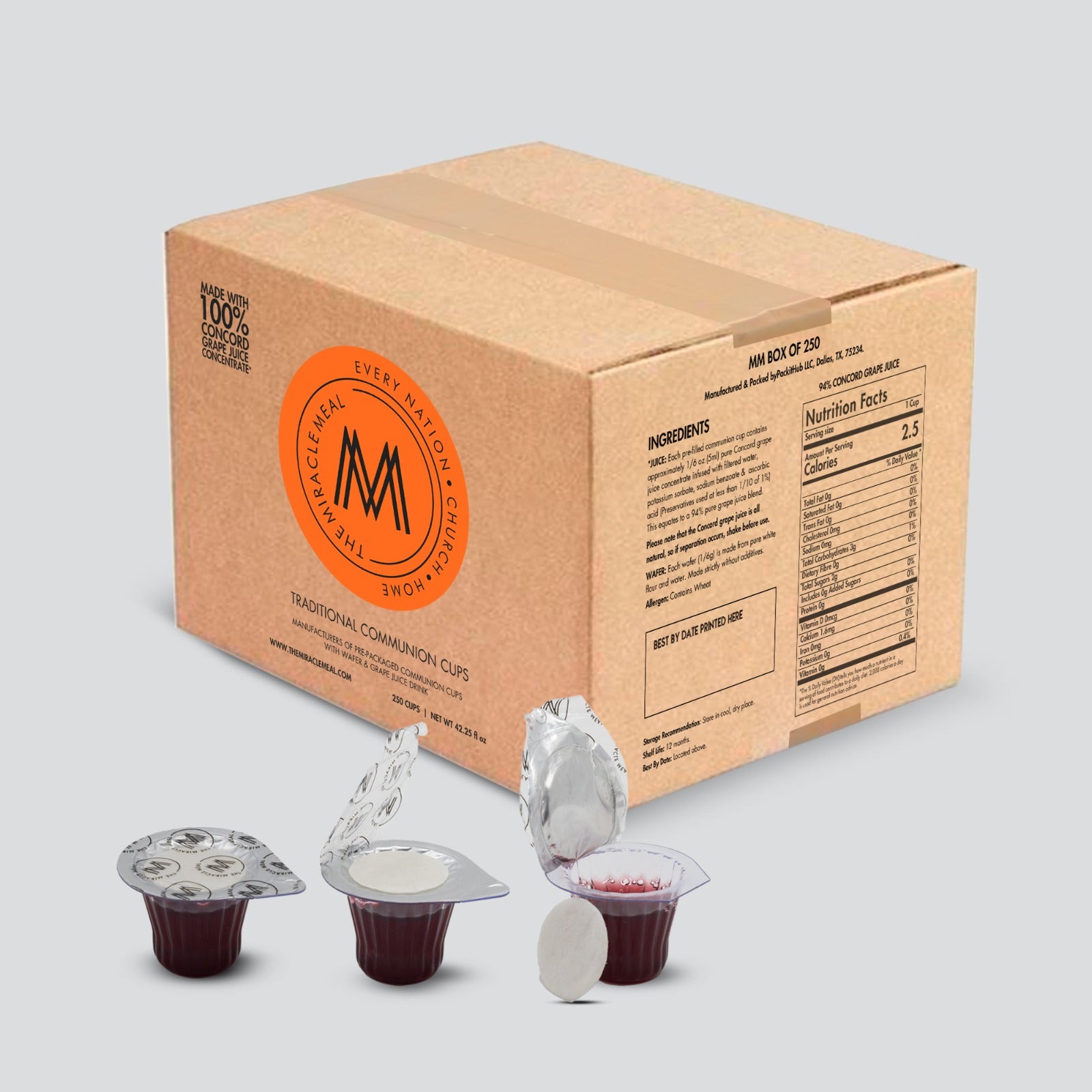 The Miracle Meal Pre-filled Traditional Communion Cups With Gluten Free Wafer & 100% Concord Grape Juice- Box of 250