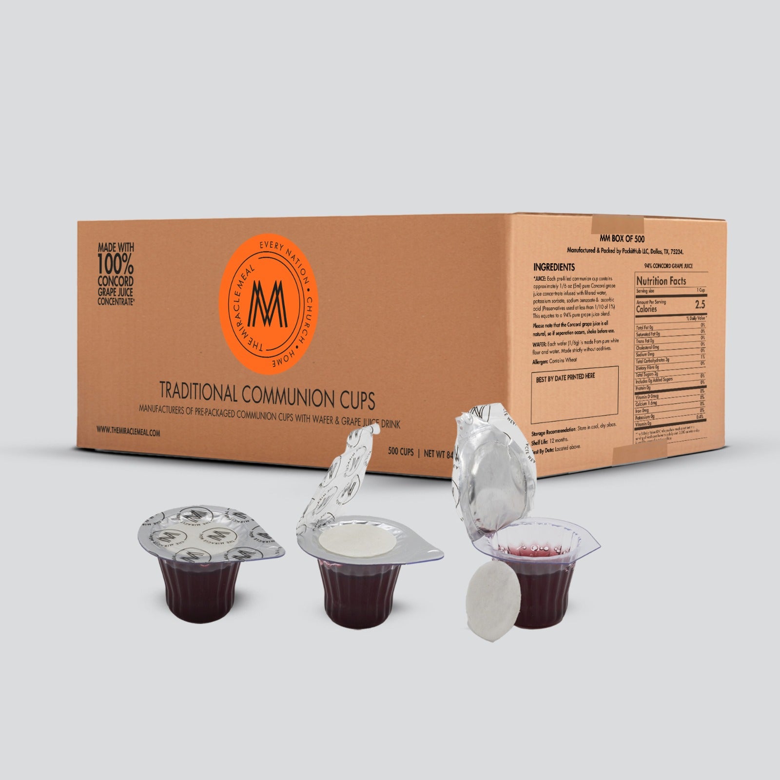 The Miracle Meal Pre-filled Traditional Communion Cups With Gluten Free Wafer & 100% Concord Grape Juice- Box of 500